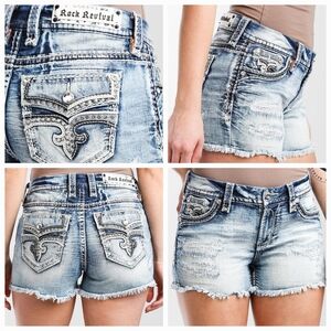 🤘NeW🎸 ROCK REVIVAL DUBARRY LIGHT ACID WASH EMBELLISHED DISTRESS SHORTS 31